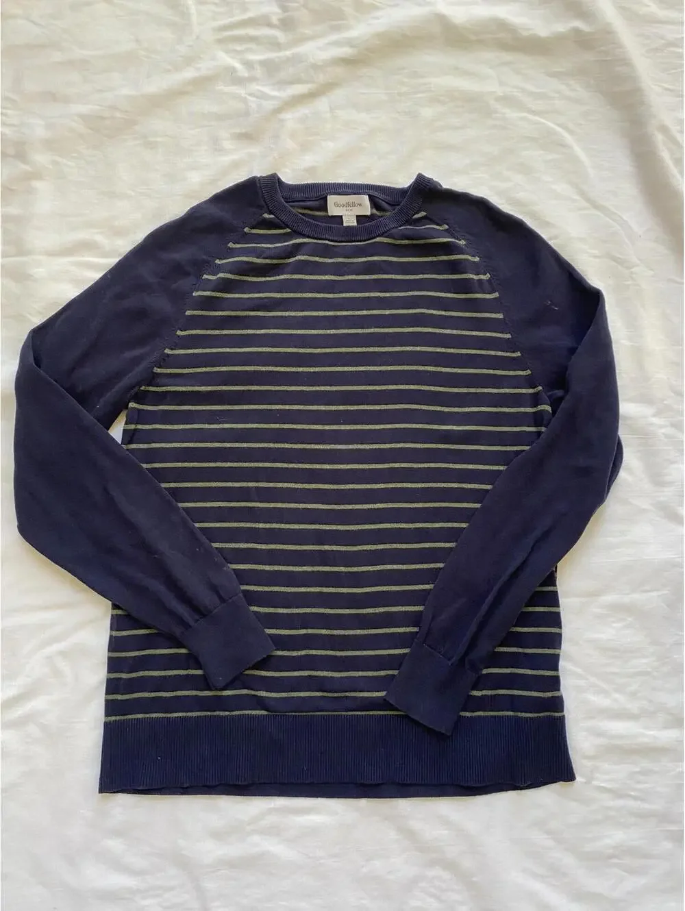 Goodfellow & Co Navy Blue and Olive Striped Sweater Large